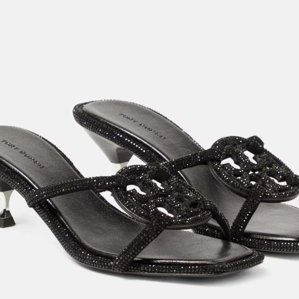WANTED!!! SIZE 11 Tory Burch Crystal Studded Logo Kitten Heel Sandals Black